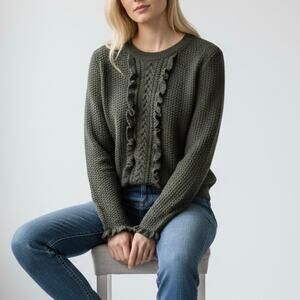 Club Monaco Sweater Forest Green Merino Wool Knit Crewneck Ruffle Braid Size XS